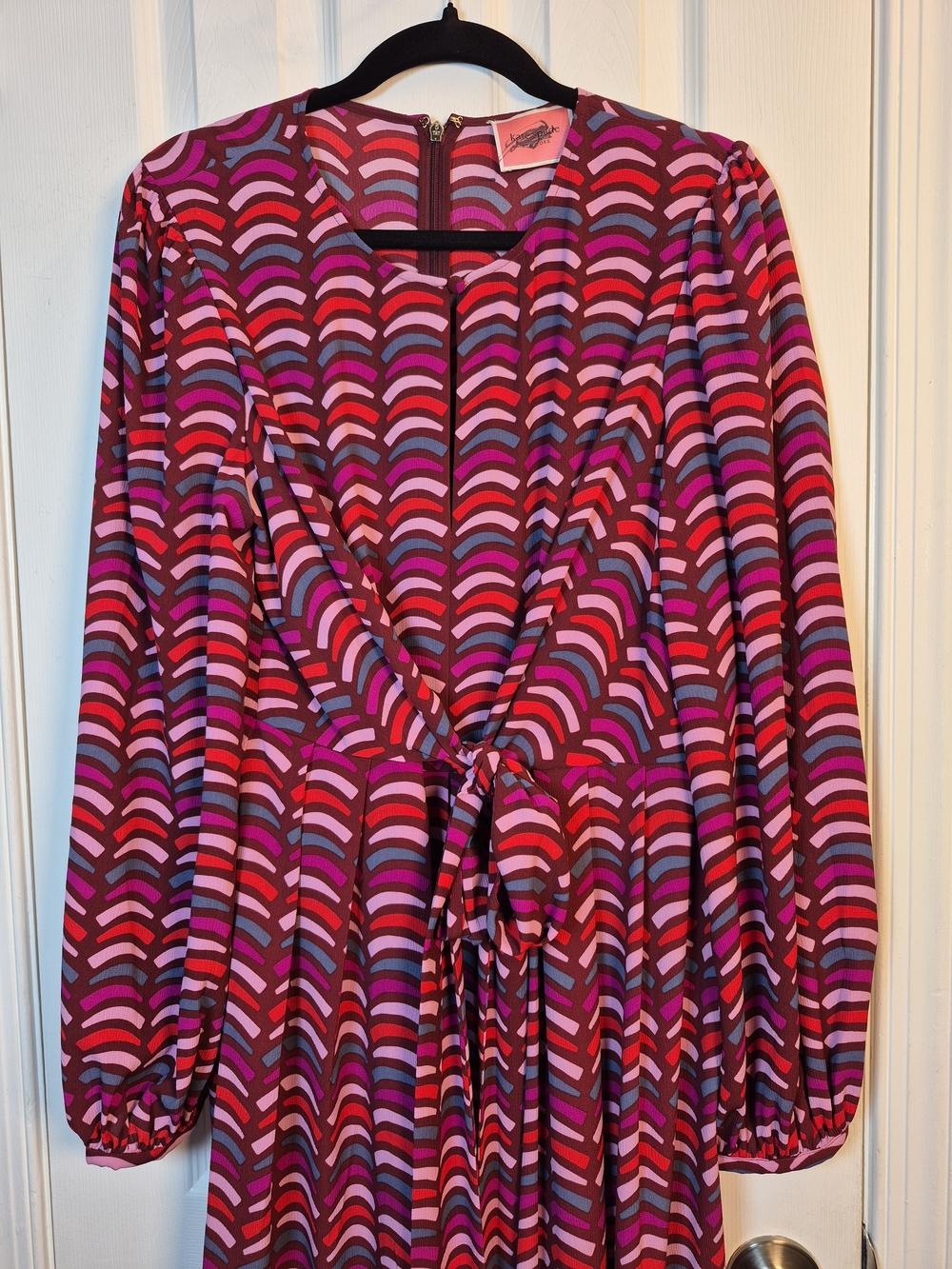 Kate Spade New York Geometric Panther Midi Dress Long Sleeve Tie Waist Size 12 - Picture 6 of 9